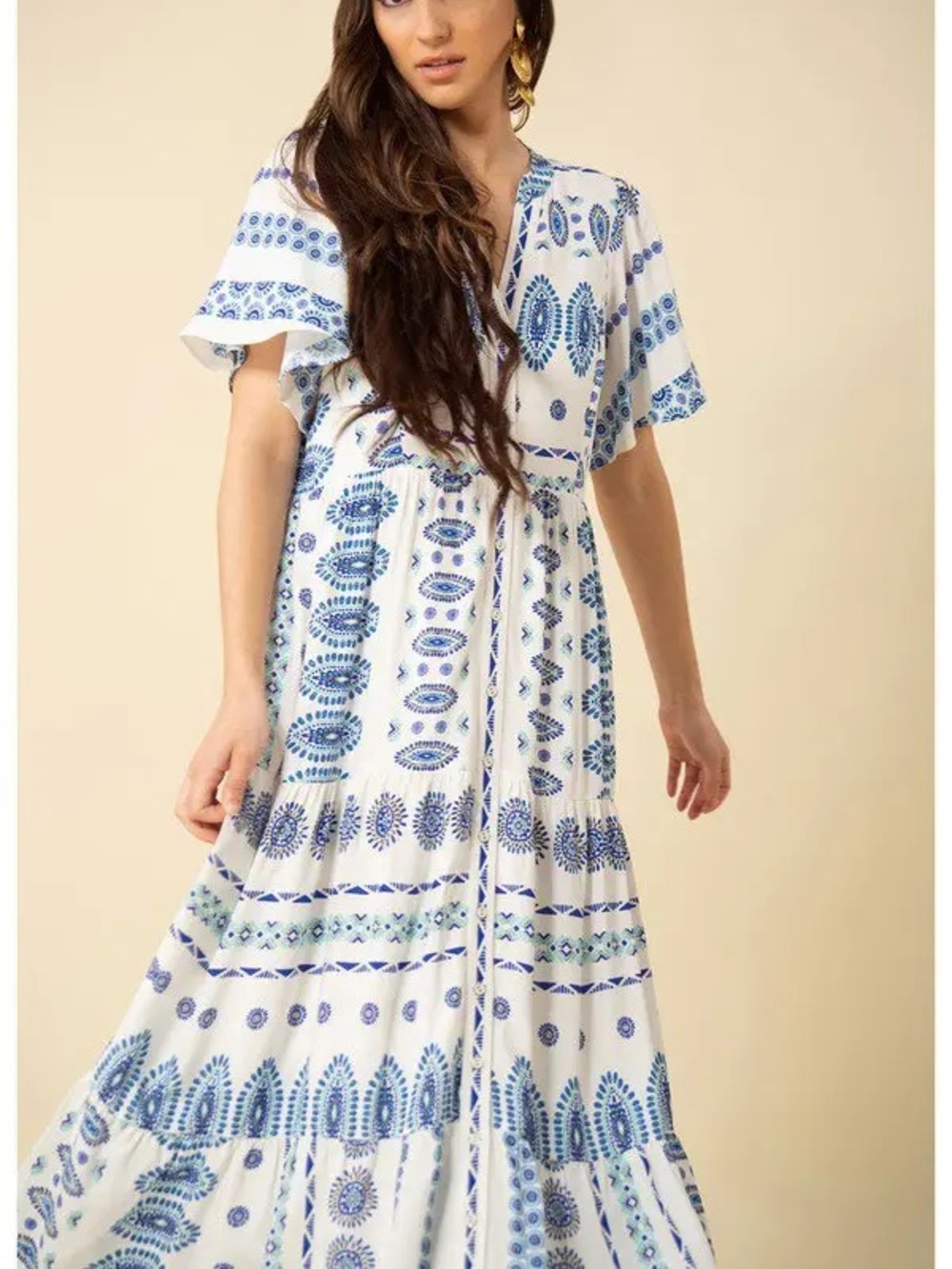 Hale Bob White & Blue Printed Maxi Dress